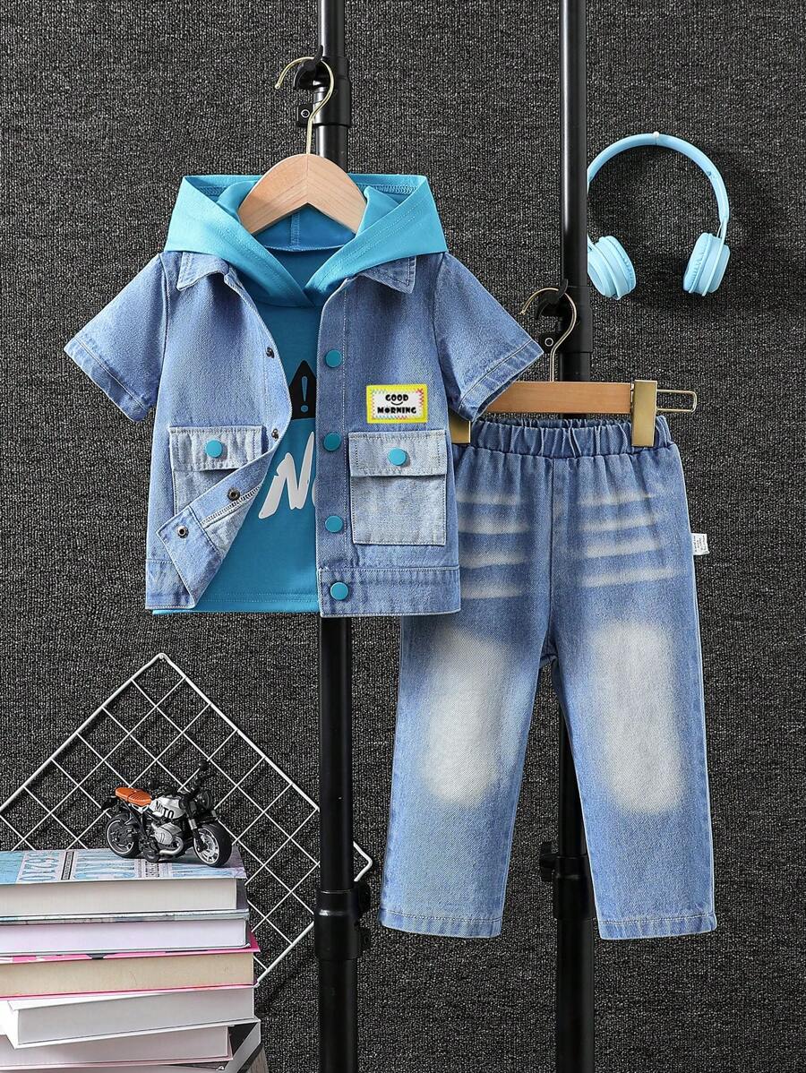 Boys Baby Patched Button Front Denim Shirt & Denim Pants & Hooded Letter Graphic Tee - Baby Blue - View 1