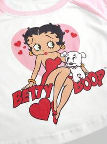 Betty Boop | ROMWE Cartoon Character And Letter Printed Color Block Slim Fit Cropped T-Shirt With Raglan Sleeves, Summer, Baby Tee For Woman, School - White - View 4