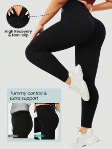 Easithlete 大碼素色寬腰帶運動打底褲 - 黑色 - 查看 1