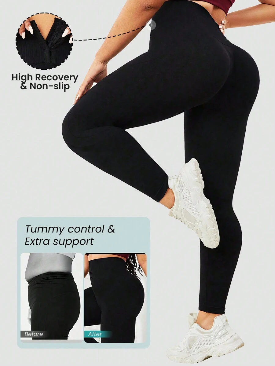 Easithlete 大碼素色寬腰帶運動打底褲 - 黑色 - 查看 1