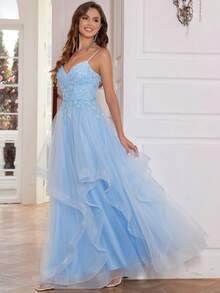 Luxury Lace Prom Dresses Long With Puffy Hem 3D Flower Rhinestone Spaghetti Strap Tulle Ball Gown Hand Beading V Neck Formal Evening Gowns Lace Up Back Homecoming Dresses For Teens - Baby Blue - View 7