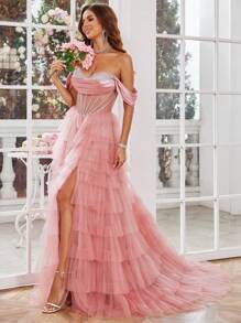 闪亮水晶正式晚礼服，带蓬松开衩高开叉舞会礼服，女士舞会礼服，优雅婚礼宾客礼服，适合毕业典礼、晚宴