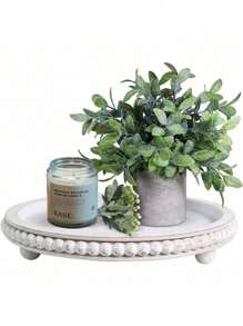 1PC Decor 12in Round Tray For Home Decor- White Wood Beaded Tray- Decorative Round Tray For Living Room Decor Coffee Table Decor Kitchen Table Decor Or Farmhouse Serving Tray - White - View 3