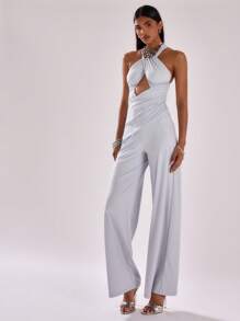 MUSERA 交叉前开衩连体裤性感夜店春夏度假优雅春季休闲装 - 淺藍色 - 查看 4