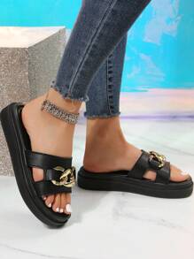 Women's Chunky Platform Wedge Sandals, Fashionable Black Metal Chain Design Slides - Black - View 3