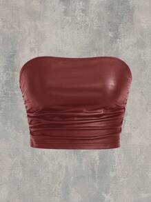 SHEIN EZwear 女式純色針織打摺無肩帶上衣 - 酒紅色 - 查看 1