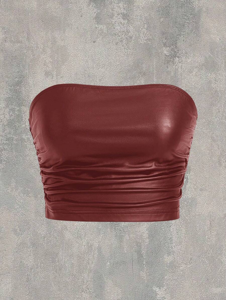 SHEIN EZwear 女式純色針織打摺無肩帶上衣 - 酒紅色 - 查看 1