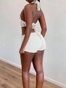 SHEIN Contrast Lace Backless Halter Top & Shorts