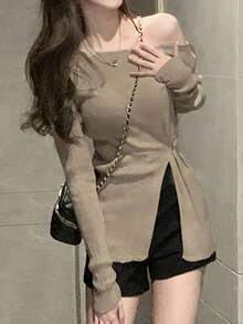 Solid Asymmetrical Neck Slit Hem Knit Top - Khaki - View 4