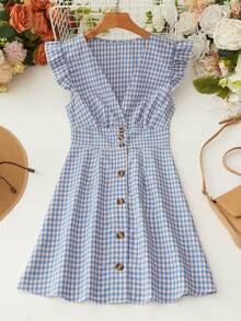 SHEIN Clasi 女士夏季格紋深V領蓋袖單排釦優雅連衣裙
