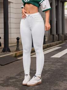 SHEIN Essnce Women's Skinny Fit Casual Jeans With Pockets - White - View 4