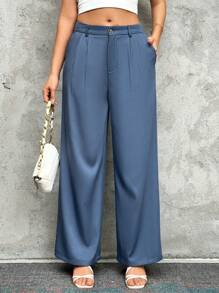 Chiquease Women's Simple Loose Wide Leg Suit Pants - Blue - View 1