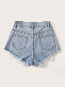 SHEIN Tall Ladies' Frayed Hem Distressed Denim Shorts With Pockets, Washed - Light Wash - View 2