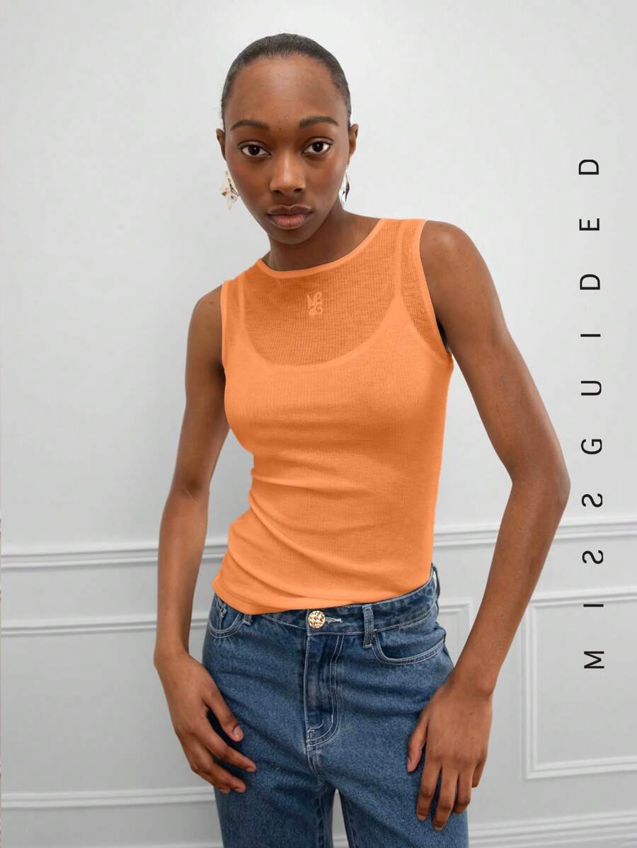 MISSGUIDED 刺绣徽标透明双层背心 - 橘色 - 查看 1