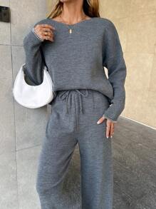 EURMUSE Women's Knitwear Co-Ords With Stitch Detail - Grey - View 2