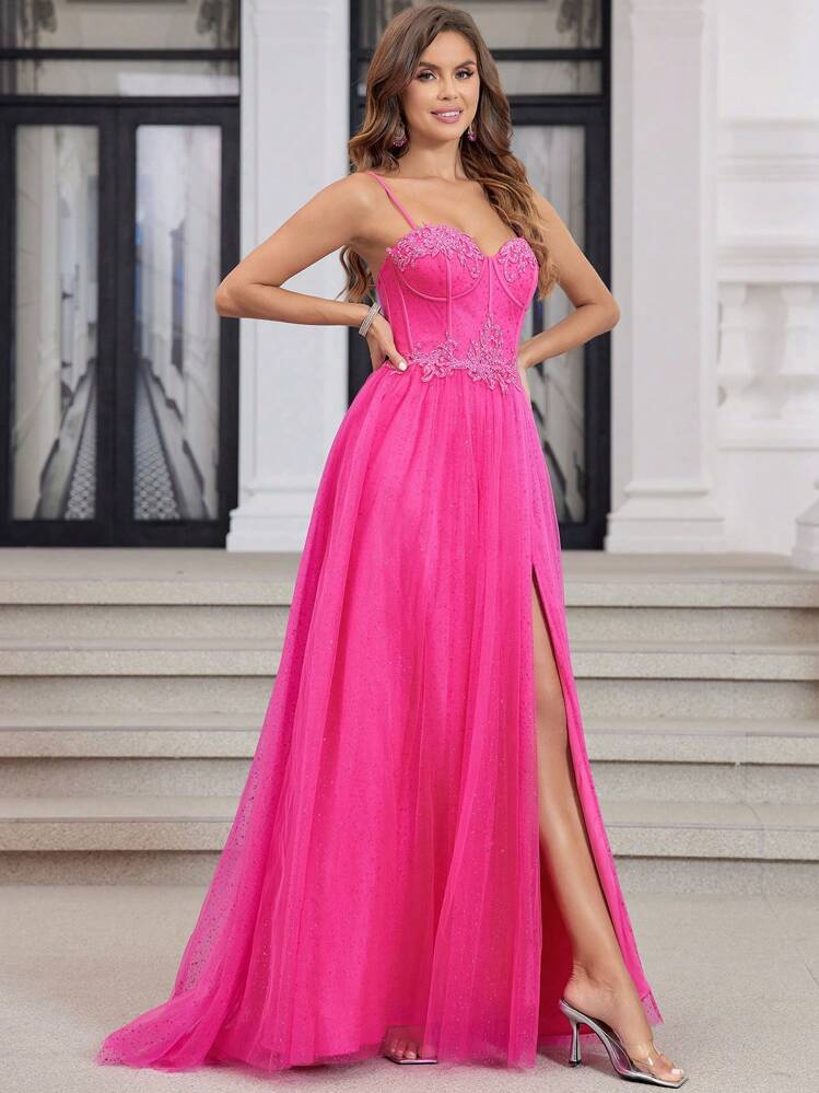 hot pink prom dresses under 100 Sparkly Tulle Long With High Slit Sweetheart Spaghetti Strap Formal Lace Evenving Gown For Teens Elegant Maxi Dress