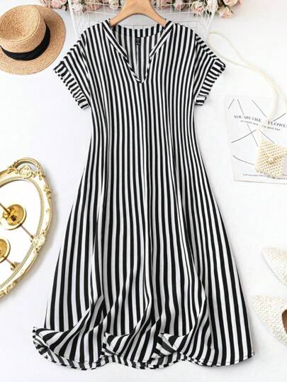 SHEIN LUNE Plus Striped Print Notched Neck Batwing Sleeve Dress, For Summer
