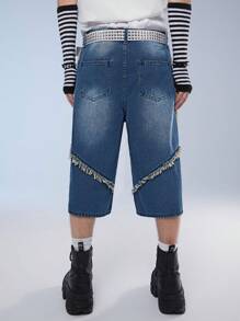 Manfinity Roghcode Men's Casual Denim Shorts With Raw Hem And Patch Pockets, Street Style - Dark Wash - View 2