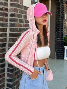 DAZY Allover Print Zip Up Drawstring Hooded Jacket,Fall Clothes - Pink - View 6