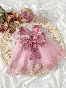 2pcs Champagne Newborn Photography Clothing Set, Baby Girls' Princess Embroidered Mesh Dress, Bowknot Lace Princess Skirt For Photo Shoot - Dusty Pink - View 7