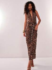 MUSERA Sexy Leopard Deep Plunge Cowl Neck Drape Detail Maxi Dress Elegant Spring Summer Going Out Long Dress - Multicolor - View 4