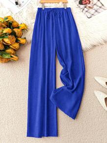 EMERY ROSE Pantalones anchos de talle alto con nudo sólido, cintura elástica, bolsillo en diagonal y tamaño extra grande - azul real - Ver 5