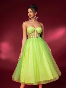 SHEIN Belle Elegant And Vibrant Fluorescent Strapless Bra Cup, With Back Ties And High Waist. Pleated And Fluffy Chiffon Dress, Perfect For Graduation Parties, Afternoon Tea, Gatherings, And Cocktail Parties.