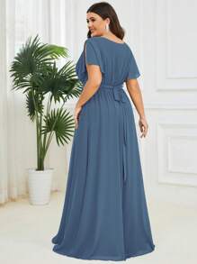 Elegant V-Neck Ruffle Sleeve Floor Length Bridesmaid Dress - Dusty Blue - View 3