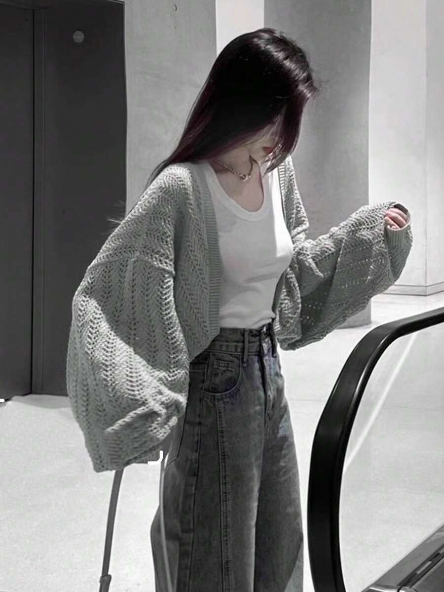 Cardigan sólido de hombros caídos y oversize, Blusas de manga larga - Gris - Ver 1