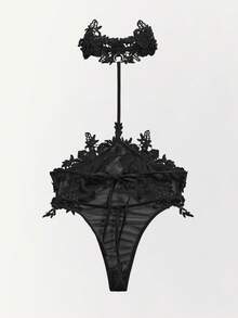 SHEIN Ladies' Sexy Mesh Floral Patchwork Halterneck Bodysuit Lingerie Bridal Lingerie For Going Out - Black - View 2