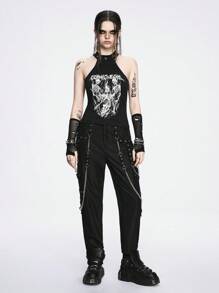 ROMWE Grunge Punk 针织高领性感拼色朋克风格女式深色骷髅印花无袖背心，学校风 - 黑色 - 查看 3