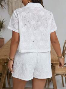 SHEIN Frenchy Plus Lapel Neck Knot Front Blouse & Shorts - White - View 4