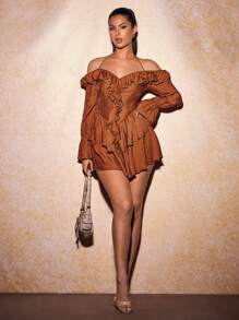 SHEIN SXY Vintage Princess Ballet Style Shades Of Brown Multi-Layered Ruffle Hem Mini Dress,Spaghetti Straps Backless Design,Seductive Autumn Date Night Dress - Brown - View 4