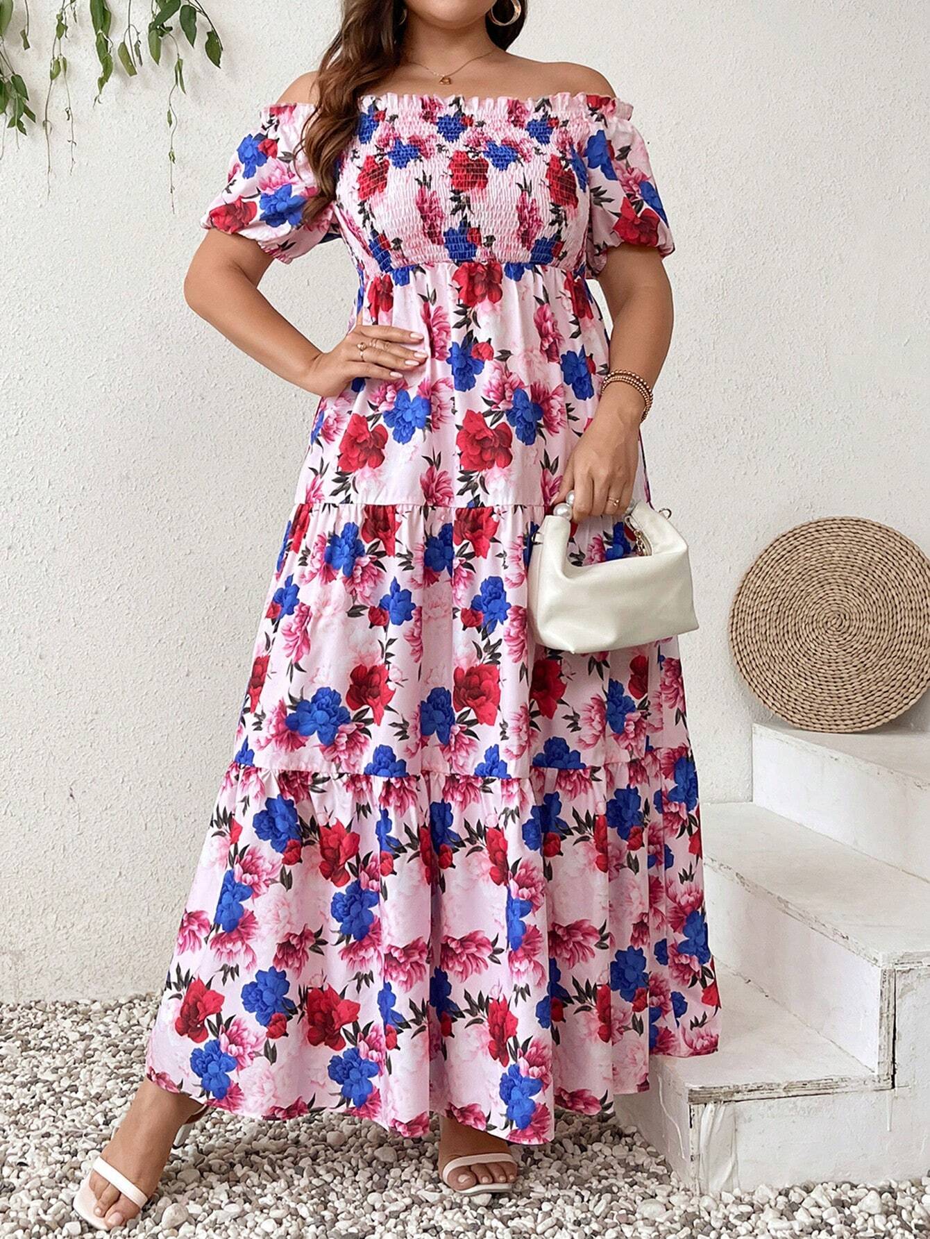 SHEIN Priv Plus Size Summer Holiday Comfortable Floral Random Printed women-s-spaghetti-strap-dresses-summer-a-line-dress-square-neck