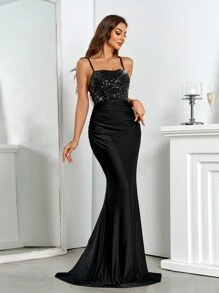 SHEIN Belle Trang phục dự tiệc tối trang trọng hở lưng bằng vải satin cạp cao, váy dài cho nữ, váy đêm hẹn hò, váy dạ hội bán trang trọng, cho sinh nhật, khách dự tiệc cưới, tiệc tốt nghiệp, váy maxi quyến rũ, váy dạ hội thanh lịch bốn mùa lễ hội, váy dạ hội - màu đen - Xem 4
