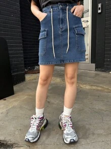 DAZY 女式腰帶工作穿著的口袋鬆綁牛仔裙 - 中等水洗藍 - 查看 8