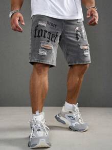 Manfinity LEGND Short en jean déchiré avec imprimé lettres pour hommes, avec poches