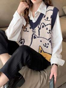 Alicedudu Casual Cat Pattern V-Neck Pullover Sweater Vest, Autumn/Winter - Multicolor - View 3