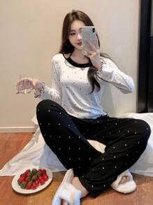 DAZY Polka Dot Printed Fleece Wave Edge 2 In 1 Halter Home Cozy Outfit Lounge Set Fall, Winter Clothes