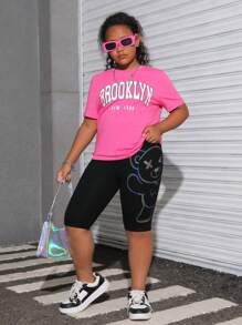 SHEIN Tween Girls' Extended Size  Casual Waist Letter Print Short Leggings