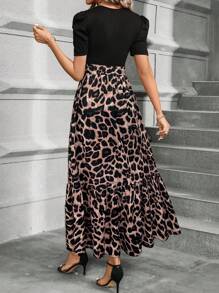 SHEIN Clasi Leopard Print Puff Sleeve Ruffle Hem Belted Dress Maxi Women Outfit - Multicolor - View 2