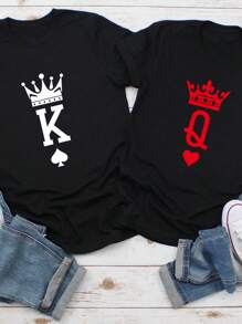 SHEIN Essnce Áo đôi vua và hoàng hậu, áo đôi, áo vua bích và hoàng hậu cơ, áo đôi, áo của anh ấy và cô ấy, áo đồng phục, áo vợ chồng, áo thun nữ tay ngắn cổ tròn dáng rộng họa tiết vương miện, thích hợp cho mùa hè - màu đen - Xem 1
