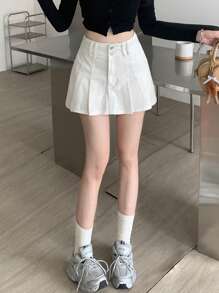 DAZY Solid Pleated Detail Denim Skirt Jeans Skirt