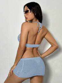 SHEIN Unity Women's Halter Neck Crop Top & Knitted Skirt Set - Baby Blue - View 2