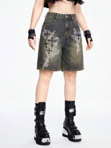 ROMWE Grunge Punk 女士時尚印花休閒牛仔短褲