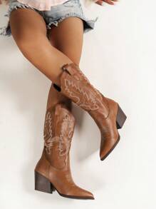 女性西部風格繡花尖頭粗跟高筒靴，牛仔靴款 - 棕色 - 查看 6