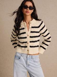 Poéselle Women Clothes, Fall Clothes, Women Sweaters, Striped Cardigan, Women Vintage Fisherman Knits Stripe Twist Cardigan, Faux Horn Button Detail, Extra Thickness Comfy Cardigan Sweater Heavy Knitwear, Extra Workmanship, Fall Winter Clothes, Effortless Chic Essential, Bon Chic Bon Genre, Bridgerton, Long Sleeve Tops