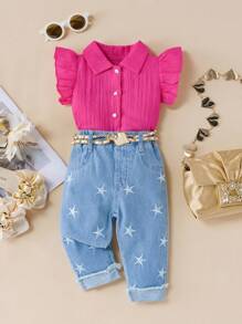 Baby Girls' Summer New Arrival Set: Simple Shirt With Star Embroidery And Jeans - Hot Pink - View 1