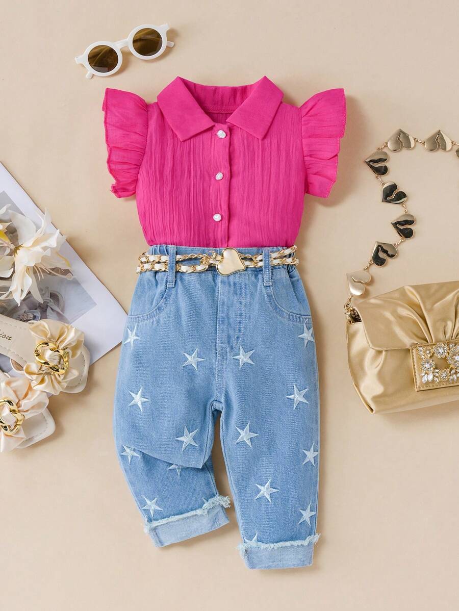 Baby Girls' Summer New Arrival Set: Simple Shirt With Star Embroidery And Jeans - Hot Pink - View 1