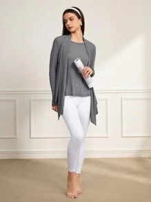 Menodora SHEIN Sport 女性春夏季純色長袖拉鍊連帽外套 - 灰色 - 查看 5
